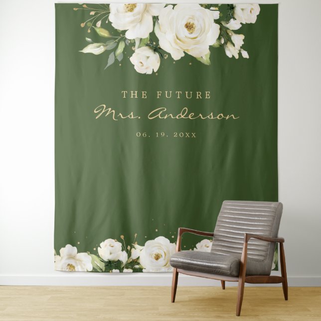 Elegant White Rose Bridal Shower Dark Photo Tapestry (In Situ)