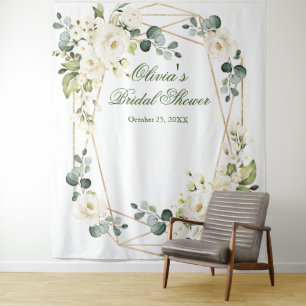 Elegant White Rose Bridal Shower Photo Backdrop Tapestry