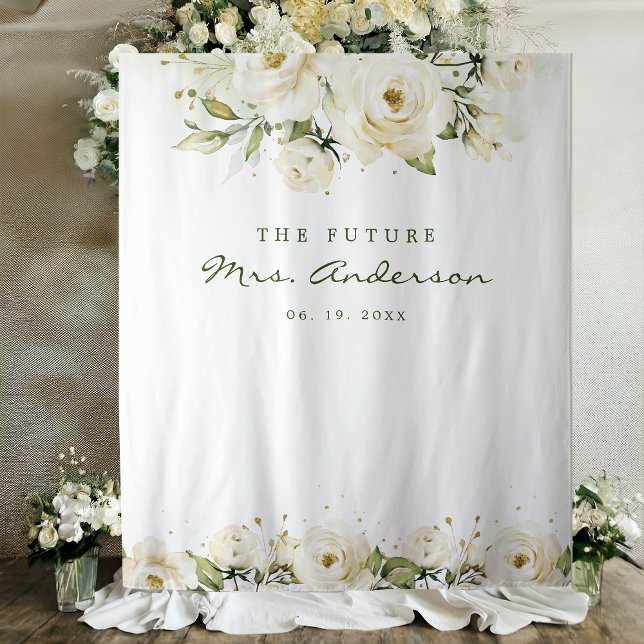 Elegant White Rose Bridal Shower Photo Backdrop Tapestry (Creator Uploaded)