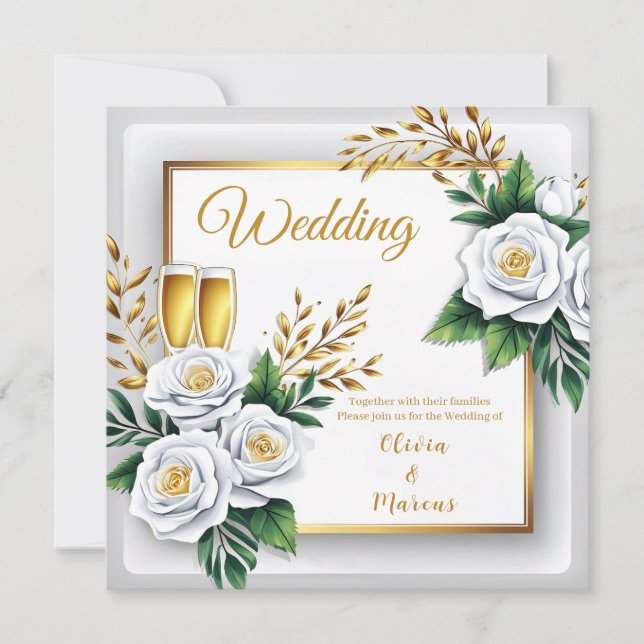 Elegant White Rose & Champagne Gold Wedding Card (Front)