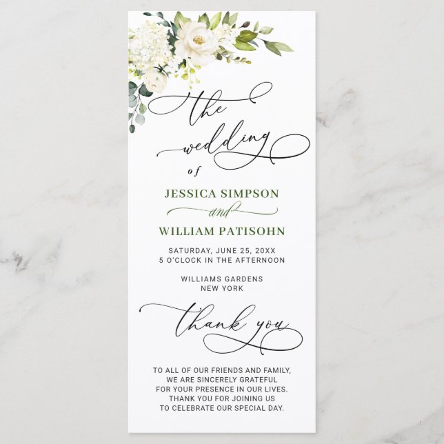 Elegant White Rose Eucalyptus Wedding Ceremony Pro Programme (Front)