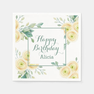 Elegant White Rose Flora Greenery Birthday Napkin