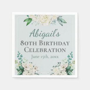 Elegant White Rose Floral 80th Birthday Any Age Napkin