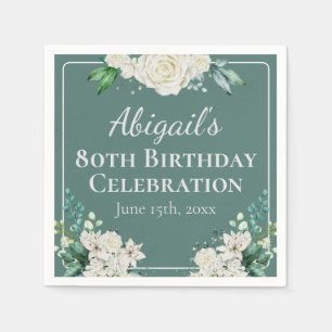 Elegant White Rose Floral 80th Birthday Any Age Napkin