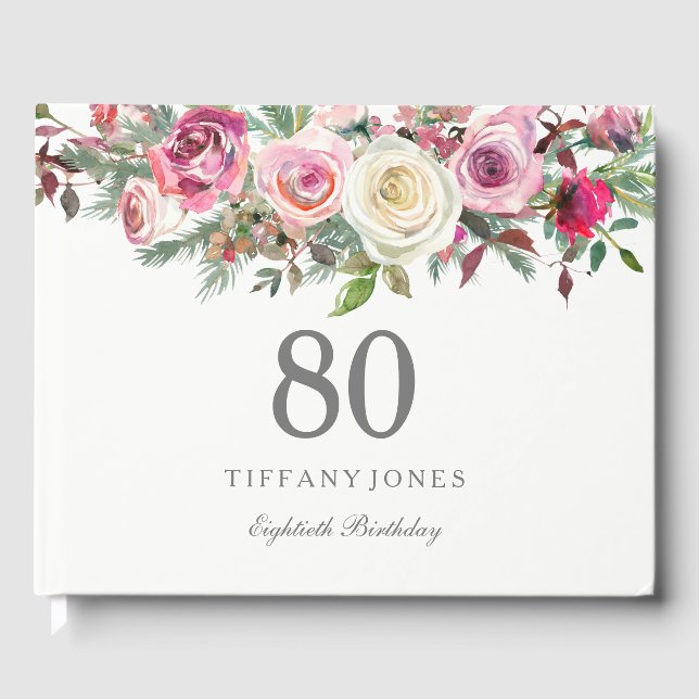 Elegant White Rose Floral 80th Birthday Guest Book (Front)