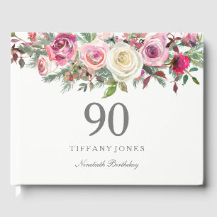 Elegant White Rose Floral 90th Birthday Guest Book