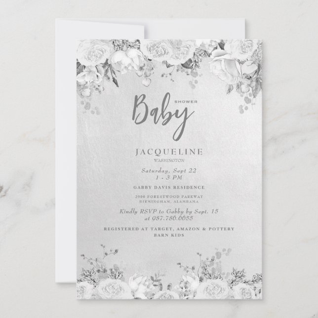 Elegant White Rose Floral Baby Shower Invitation (Front)
