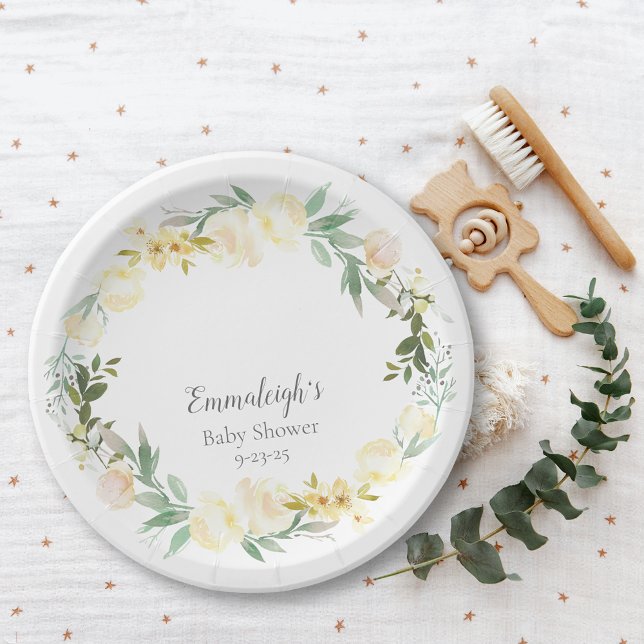 Elegant White Rose Floral Baby Shower Paper Plate (Creator Uploaded)