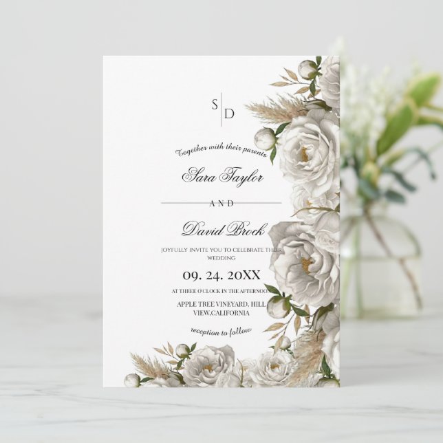 Elegant White Rose Floral Boho Wedding Invitation (Standing Front)