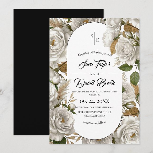 Elegant White Rose Floral Boho Wedding Invitation (Front/Back)