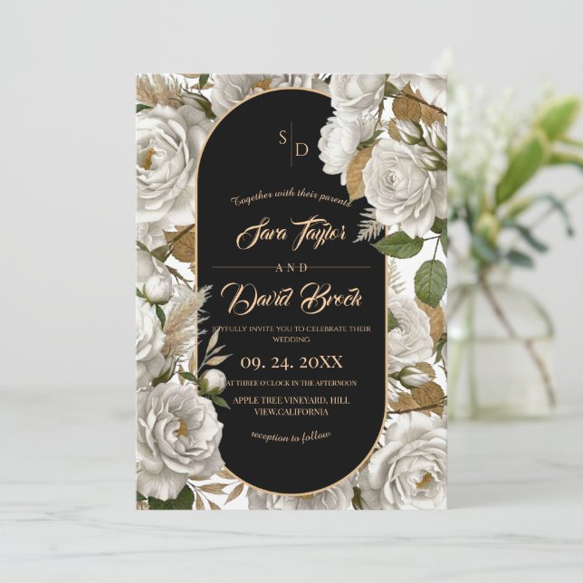Elegant White Rose Floral Boho Wedding Invitation (Standing Front)