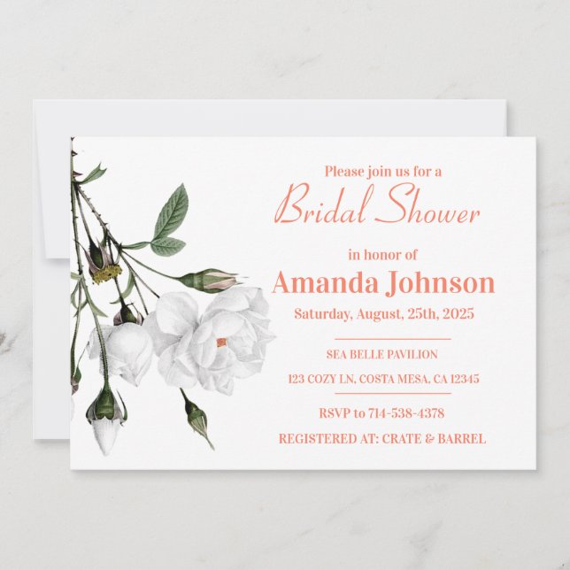 Elegant White Rose Floral Bridal Shower Invitation (Front)