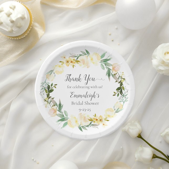 Elegant White Rose Floral Bridal Shower Paper Plate (Creator Uploaded)