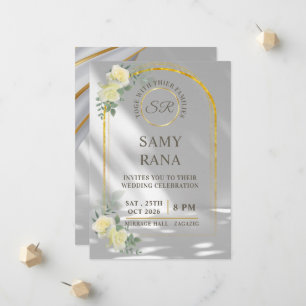Elegant White Rose & Gold Arch Wedding Invitation