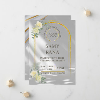 Elegant White Rose & Gold Arch Wedding Invitation