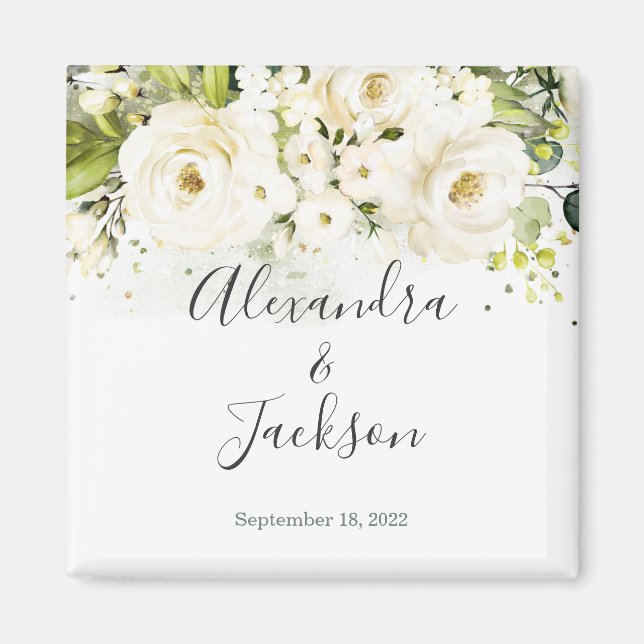 Elegant White Rose & Gold Cursive Wedding Magnet (Front)