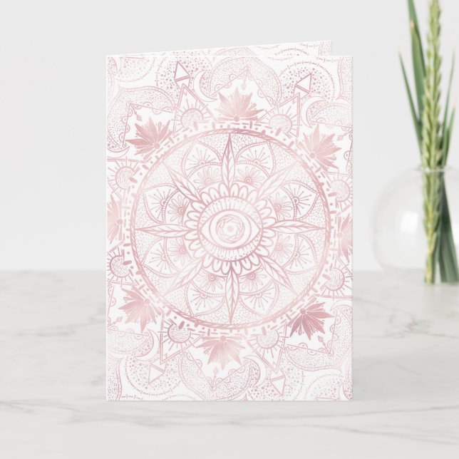 Elegant White Rose Gold Eye Sun Moon Mandala Holiday Card (Front)