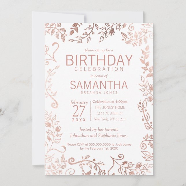 Elegant White Rose Gold Floral Birthday Party Invitation (Front)