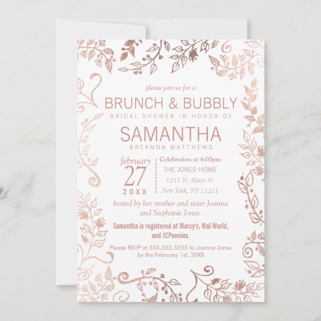 Elegant White Rose Gold Floral Brunch Bubbly Invitation (Front)