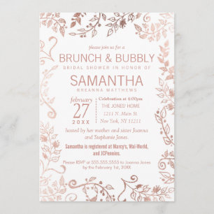 Elegant White Rose Gold Floral Brunch Bubbly Invitation