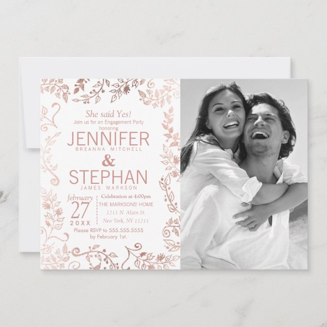 Elegant White Rose Gold Floral Engagement Invitation (Front)