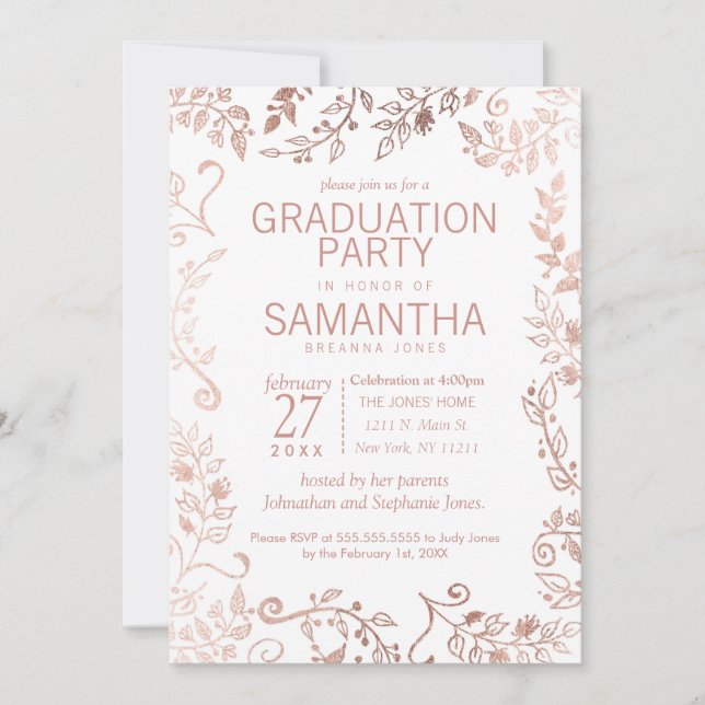 Elegant White Rose Gold Floral Graduation Party Invitation (Front)