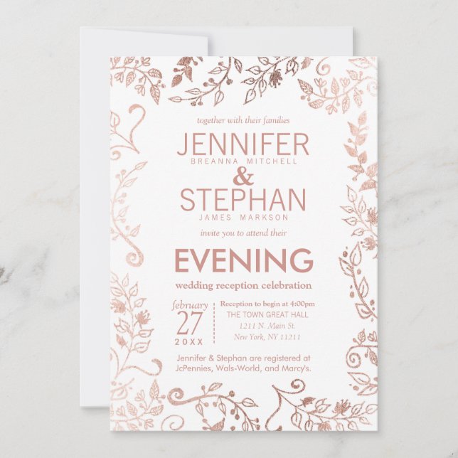 Elegant White Rose Gold Floral Reception Invitation (Front)