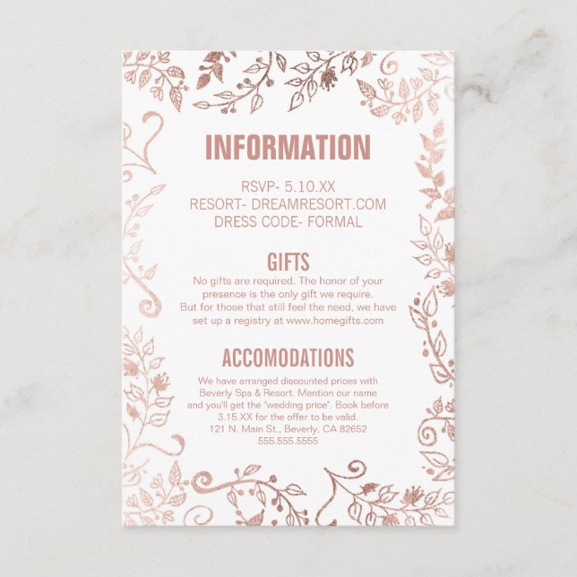 Elegant White Rose Gold Floral Wedding Enclosure Card (Front)