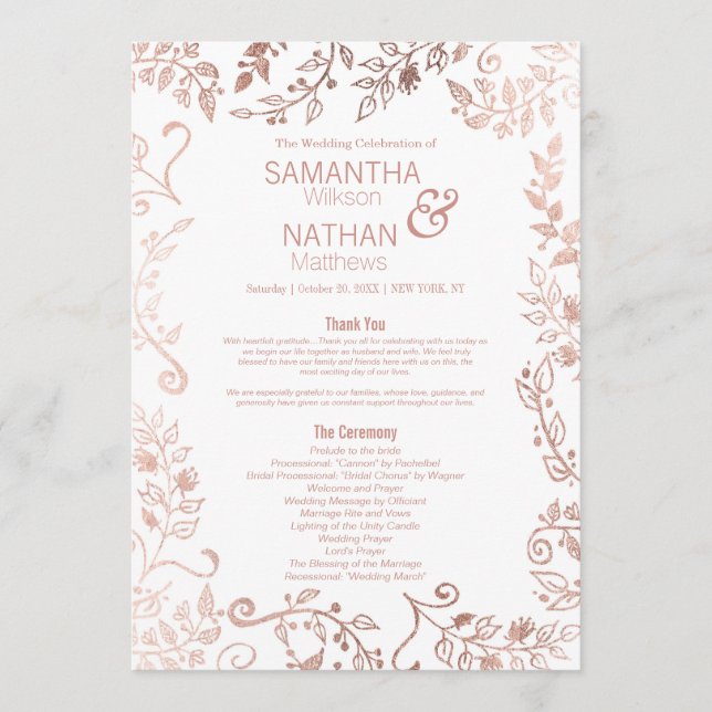 Elegant White Rose Gold Floral Wedding Programme (Front)
