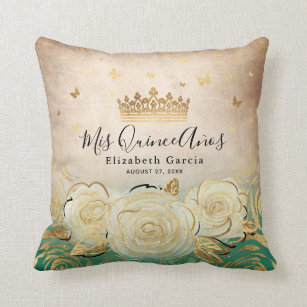 Elegant White Rose Gold Green Quinceanera Cushion