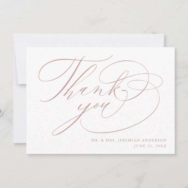 Elegant White Rose Gold Modern Script Wedding Thank You Card (Front)