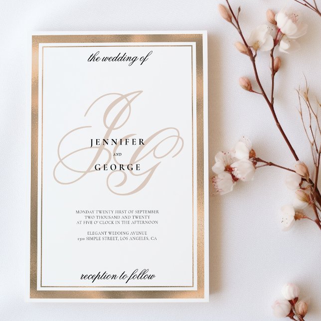 Elegant white rose gold monogram initials wedding invitation (Elegant white rose gold monogram initials wedding)