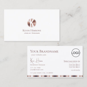 Elegant White Rose Gold with Monogram and Logo Business Card