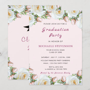 Elegant White Rose Graduation Invitation Card