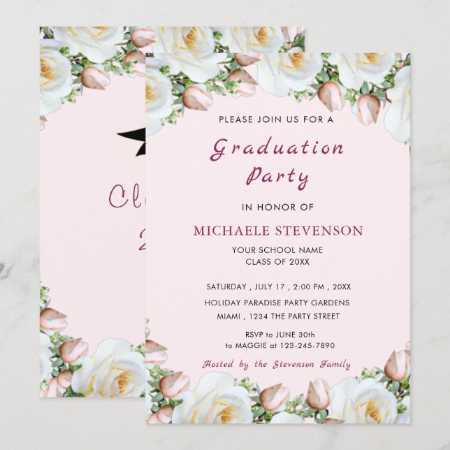 Elegant White Rose Graduation Invitation Card (Front/Back)