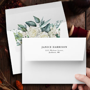 Elegant White Rose Greenery Floral Wedding Envelope