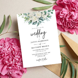 Elegant White Rose Greenery Floral Wedding Invitation