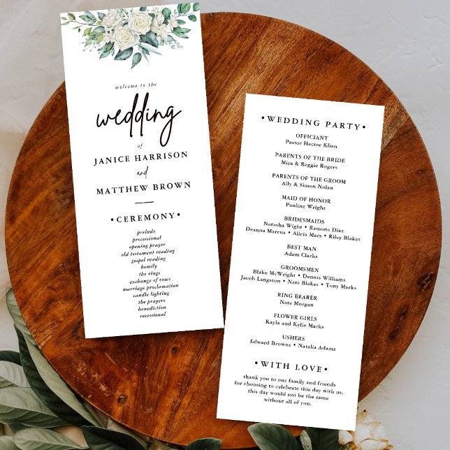 Elegant White Rose Greenery Floral Wedding Program (Creator Uploaded)