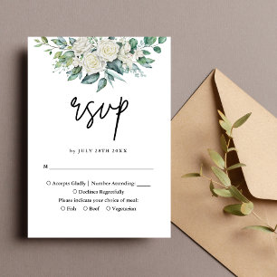Elegant White Rose Greenery Floral Wedding RSVP Card