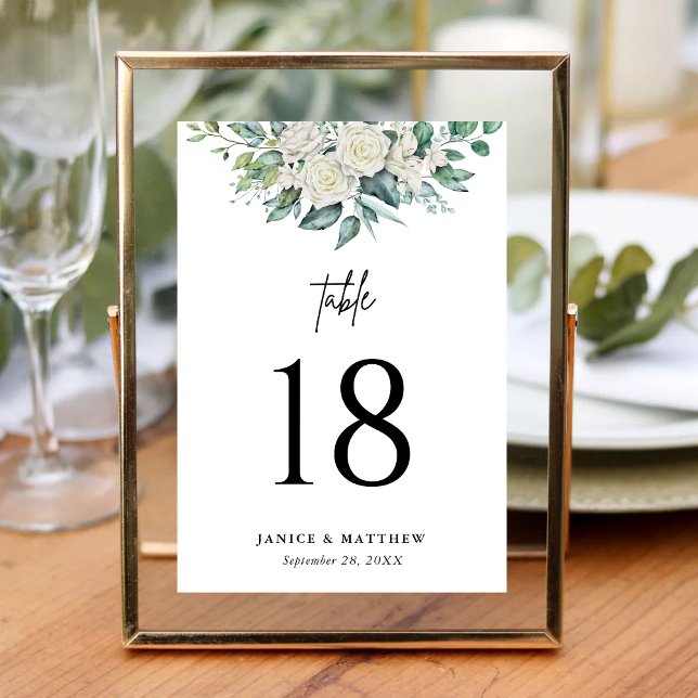 Elegant White Rose Greenery Floral Wedding Table Number (Creator Uploaded)