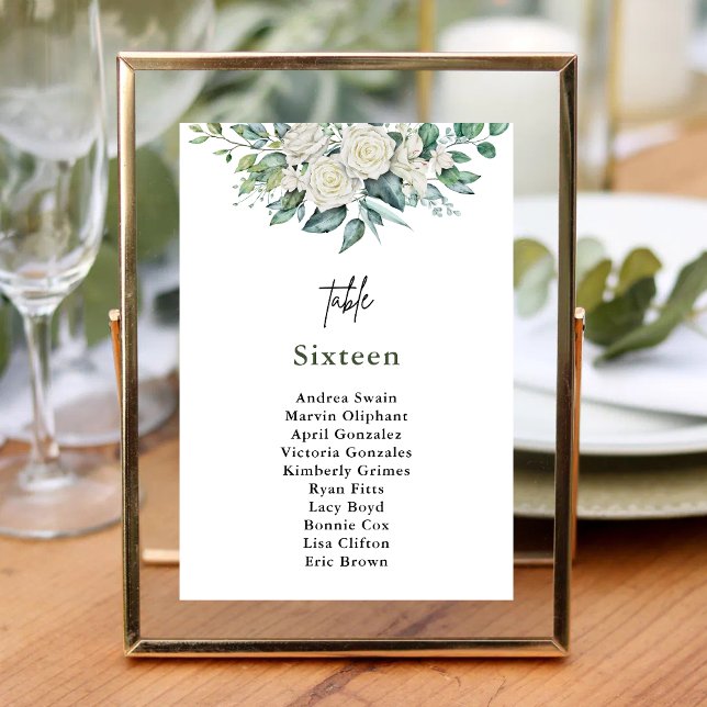 Elegant White Rose Greenery Floral Wedding Table Number (Creator Uploaded)