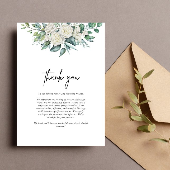 Elegant White Rose Greenery Floral Wedding Thank You Card (Creator Uploaded)