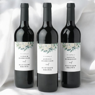 Elegant White Rose Greenery Floral Wedding Wine Label