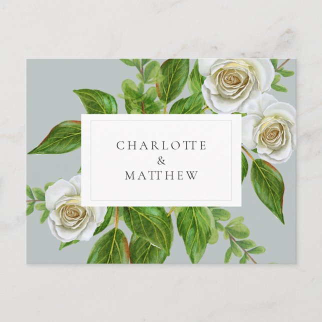 Elegant White Rose Greenery Sage Website Wedding Postcard (Front)