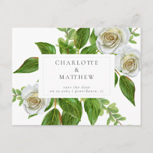 Elegant White Rose Greenery Simple Save the Date Postcard