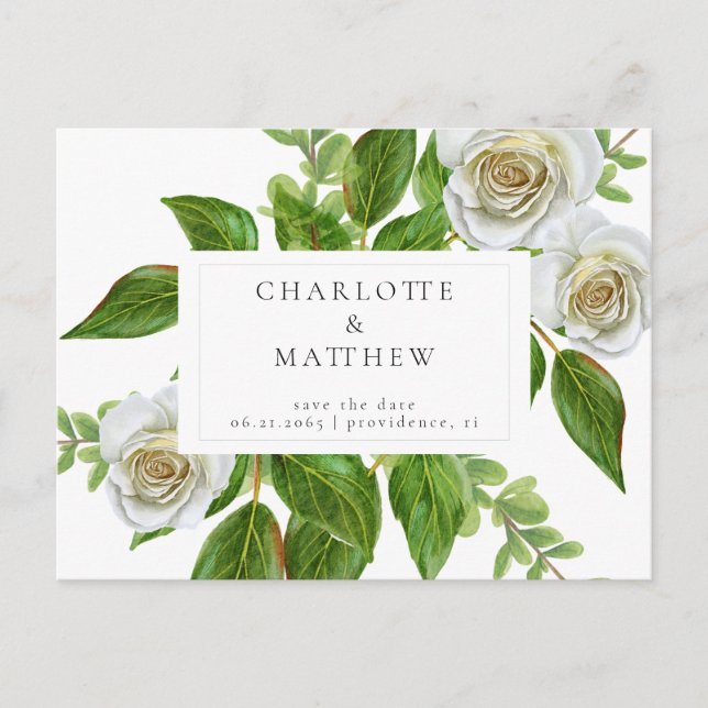 Elegant White Rose Greenery Simple Save the Date Postcard (Front)