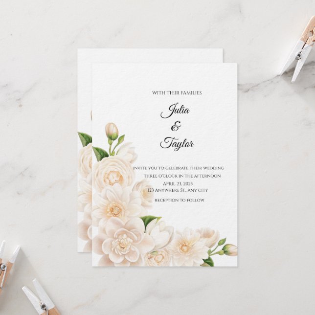 Elegant White Rose Invitation (Front/Back In Situ)