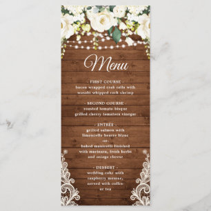 Elegant White Rose Lace Rustic Wedding Dinner Menu