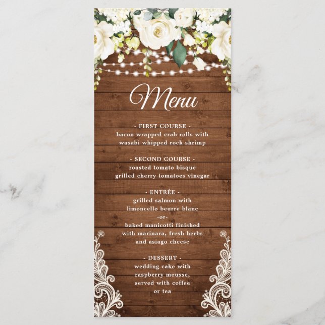 Elegant White Rose Lace Rustic Wedding Dinner Menu (Front)