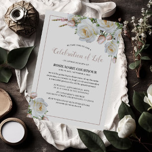 Elegant White Rose Memorial Celebration of Life Invitation